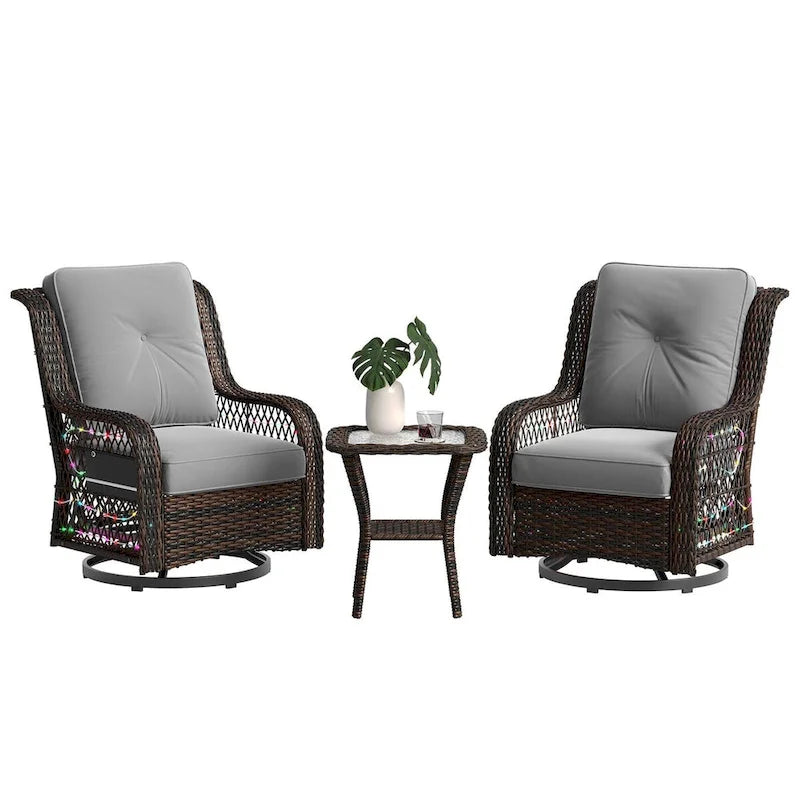 Ensemble de 3 fauteuils à bascule pivotants en rotin tressé avec éclairage LED, coussins et table d'appoint