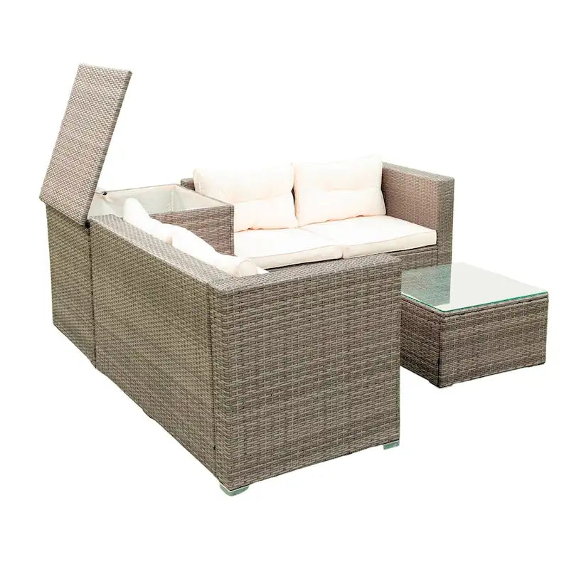 Ensemble de canapé d'angle 4 pièces en rotin tressé avec coffre de rangement