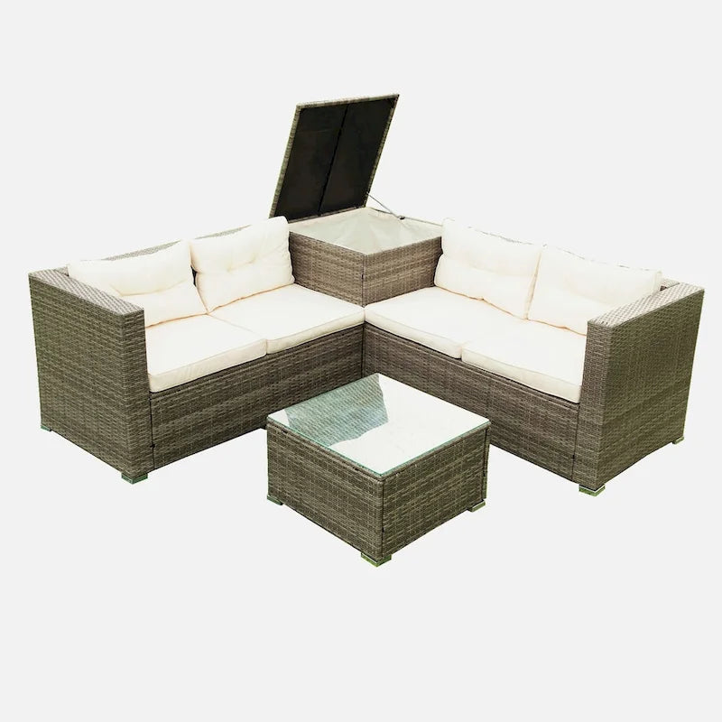 Ensemble de canapé d'angle 4 pièces en rotin tressé avec coffre de rangement
