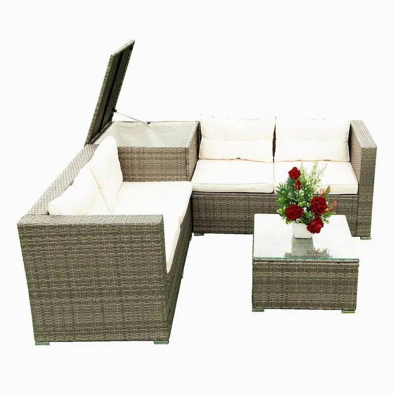 Ensemble de canapé d'angle 4 pièces en rotin tressé avec coffre de rangement