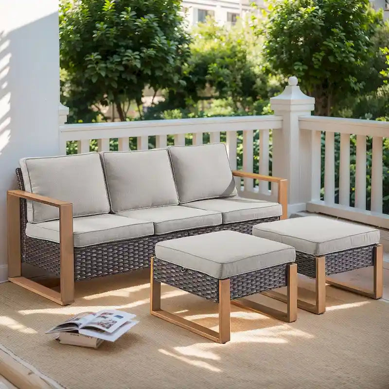 Canapé Gymojoy en rotin PE avec pouf - Marron