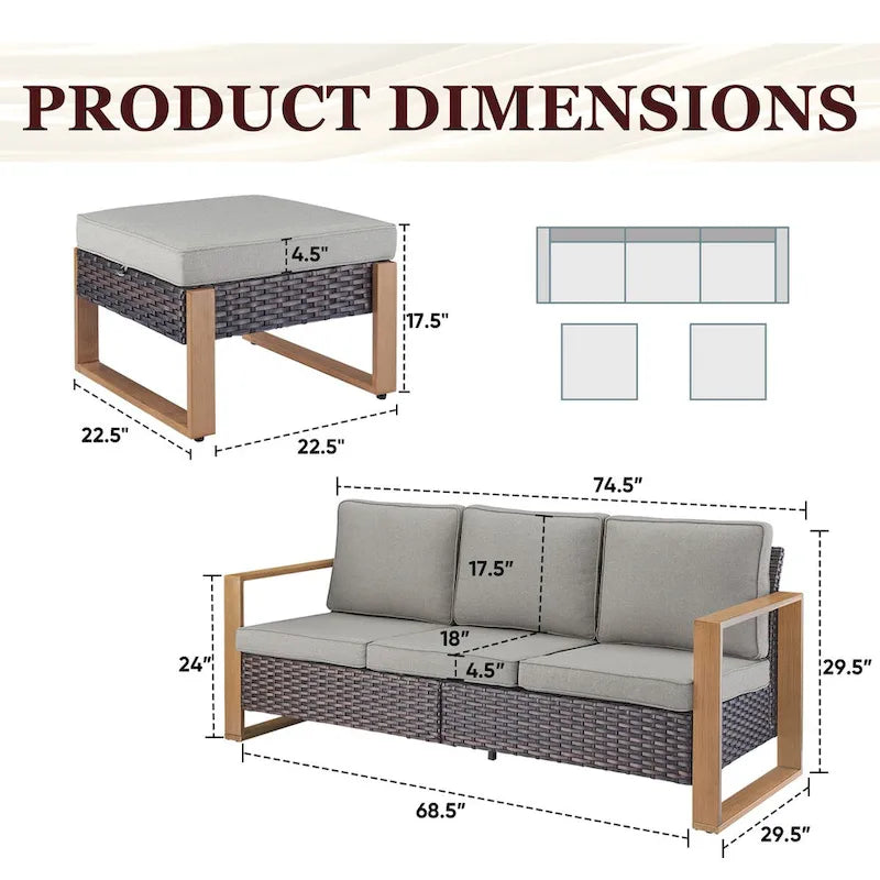 Canapé Gymojoy en rotin PE avec pouf - Marron