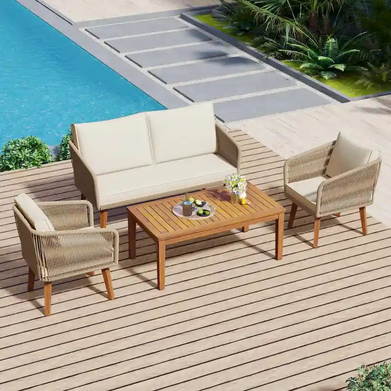 Ensemble de conversation extérieur 4 pièces avec table et coussins, pour jardin