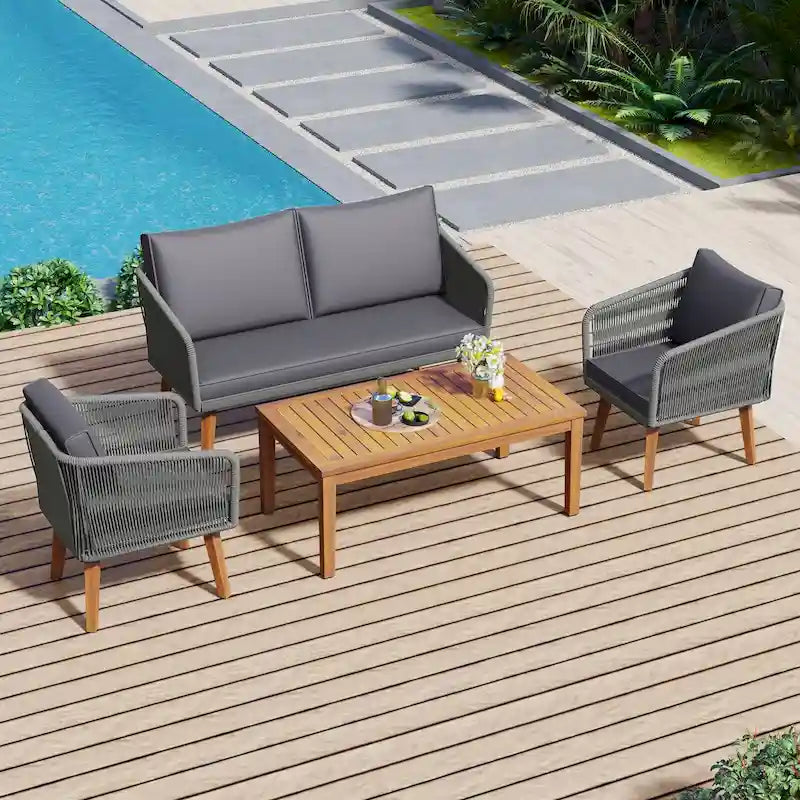 Ensemble de conversation extérieur 4 pièces avec table et coussins, pour jardin