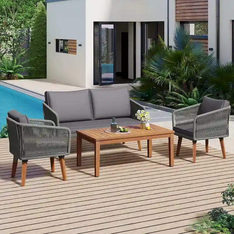 Ensemble de conversation extérieur 4 pièces avec table et coussins, pour jardin