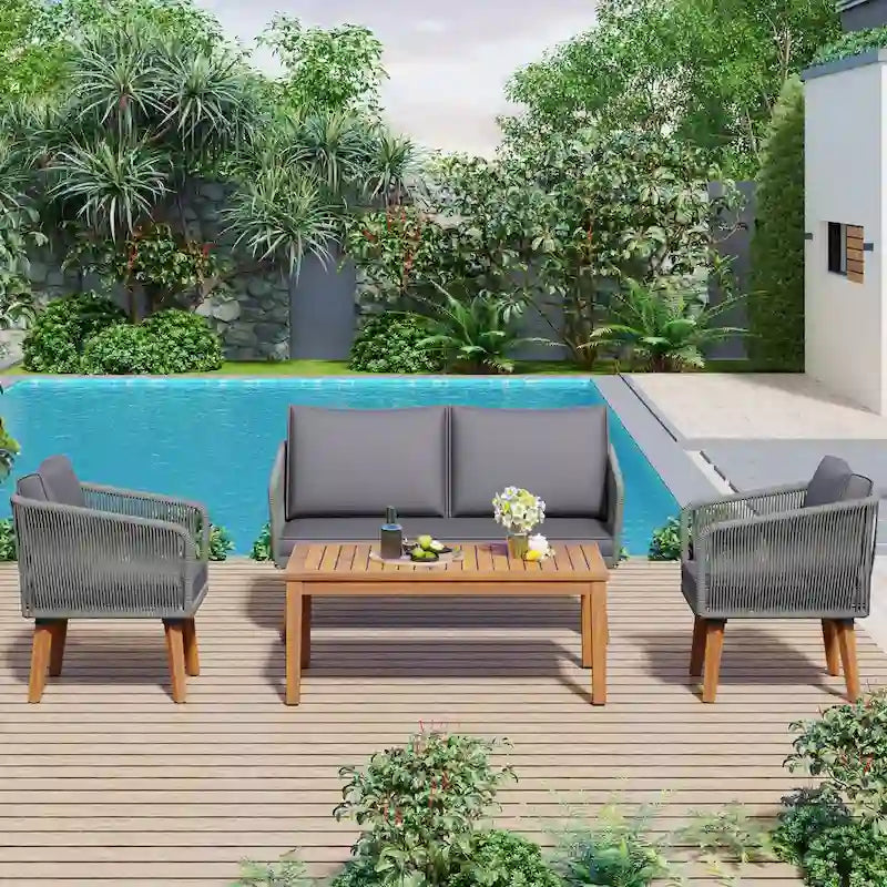 Ensemble de conversation extérieur 4 pièces avec table et coussins, pour jardin