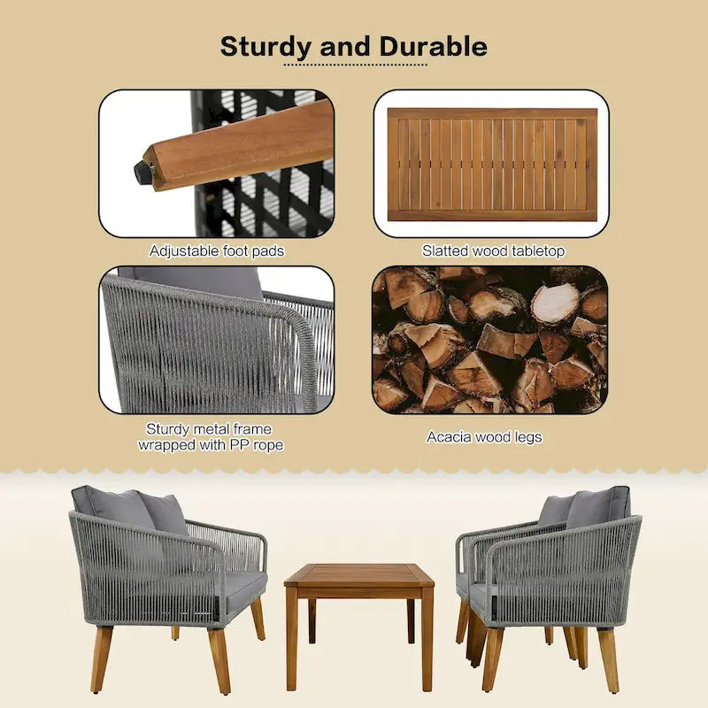 Ensemble de conversation extérieur 4 pièces avec table et coussins, pour jardin
