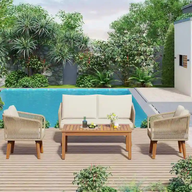 Ensemble de conversation extérieur 4 pièces avec table et coussins, pour jardin