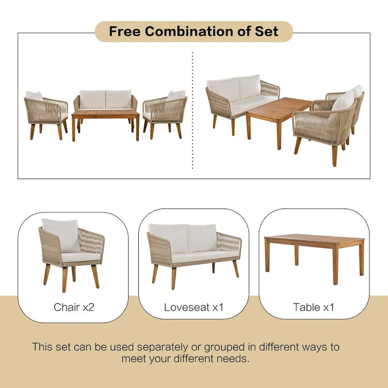Ensemble de conversation extérieur 4 pièces avec table et coussins, pour jardin