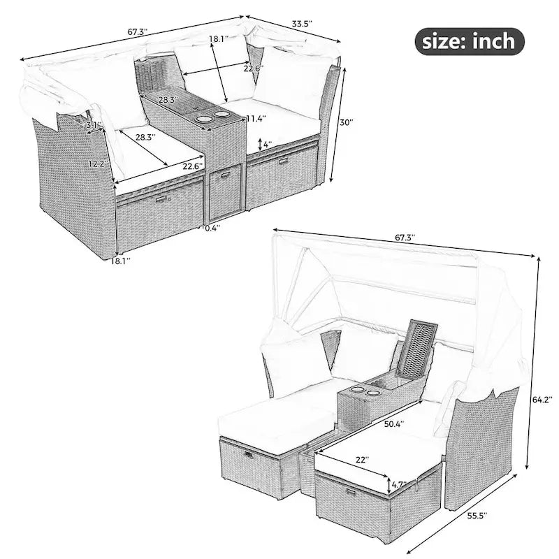 Lit de jour d'extérieur 2 places avec auvent pliable et coussins pour jardin