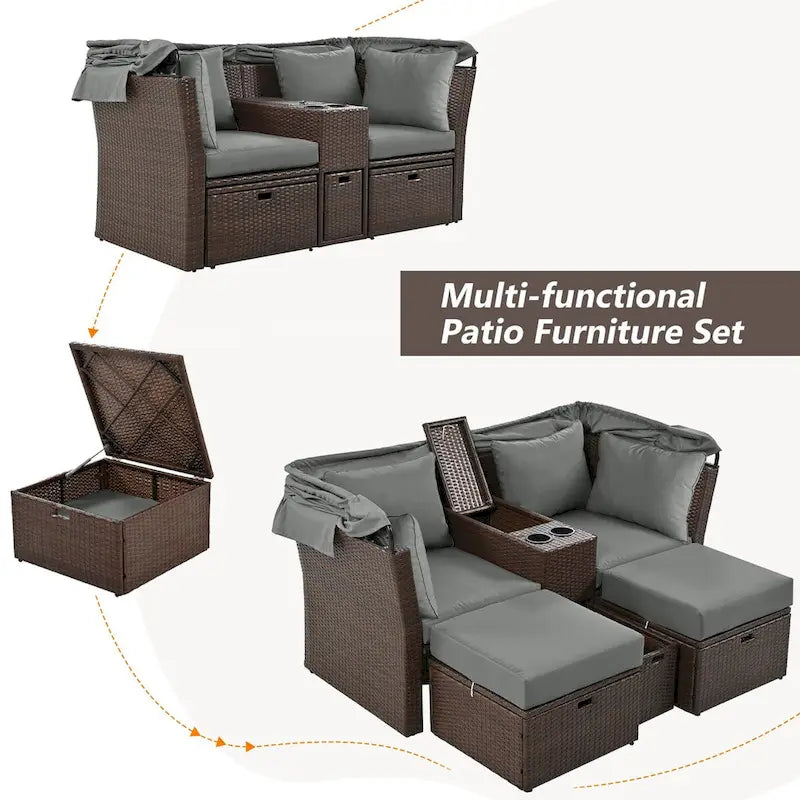 Lit de jour d'extérieur 2 places avec auvent pliable et coussins pour jardin