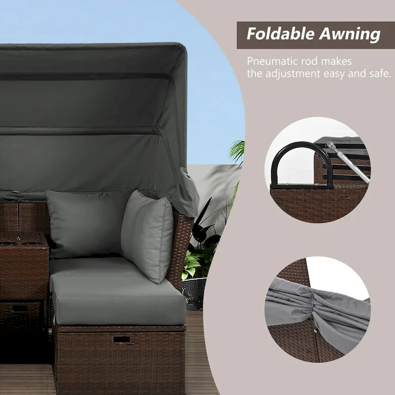 Lit de jour d'extérieur 2 places avec auvent pliable et coussins pour jardin