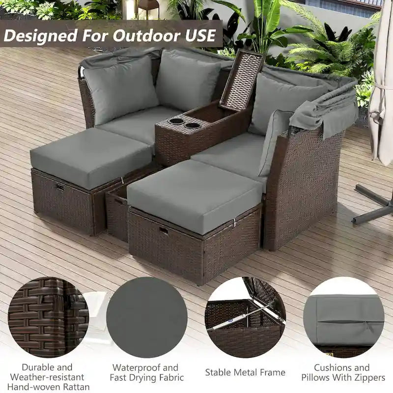 Lit de jour d'extérieur 2 places avec auvent pliable et coussins pour jardin