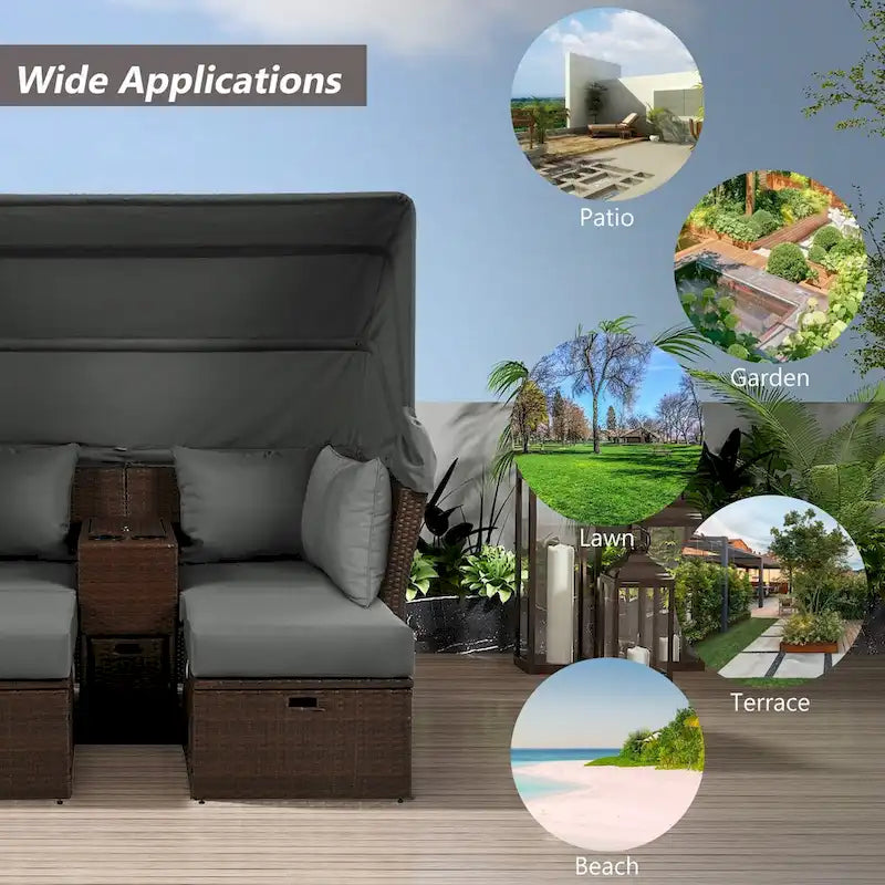 Lit de jour d'extérieur 2 places avec auvent pliable et coussins pour jardin