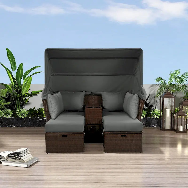 Lit de jour d'extérieur 2 places avec auvent pliable et coussins pour jardin