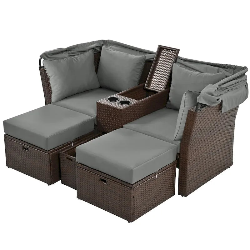 Lit de jour d'extérieur 2 places avec auvent pliable et coussins pour jardin