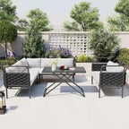 Ensemble de canapé d'angle moderne 5 pièces pour patio, mobilier d'extérieur en corde tressée avec table en verre et coussins