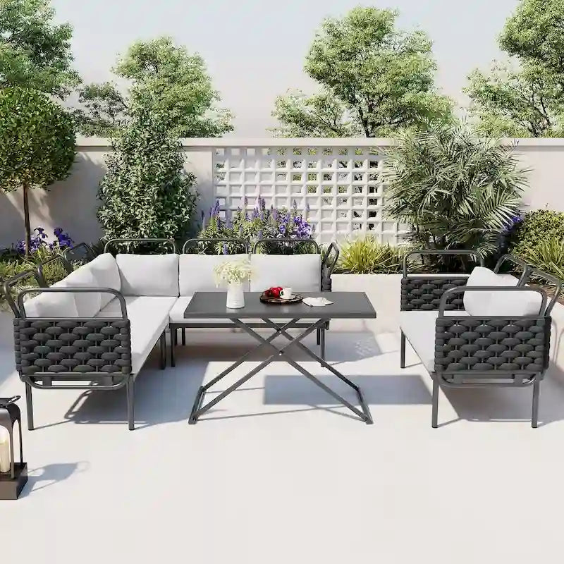 Ensemble de canapé d'angle moderne 5 pièces pour patio, mobilier d'extérieur en corde tressée avec table en verre et coussins