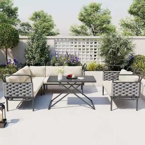 5-Piece Modern Patio Sectional Sofa Set Outdoor Woven Rope Furniture Set with Glass Table and Cushions
