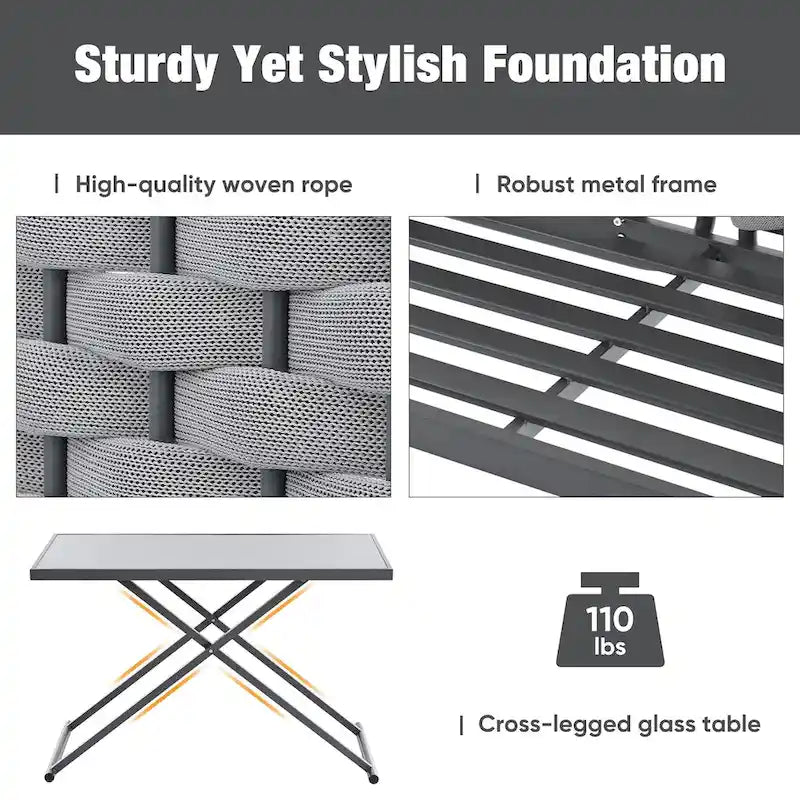 Ensemble de canapé d'angle moderne 5 pièces pour patio, mobilier d'extérieur en corde tressée avec table en verre et coussins