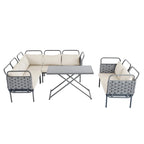 Ensemble de canapé d'angle moderne 5 pièces pour patio, mobilier d'extérieur en corde tressée avec table en verre et coussins