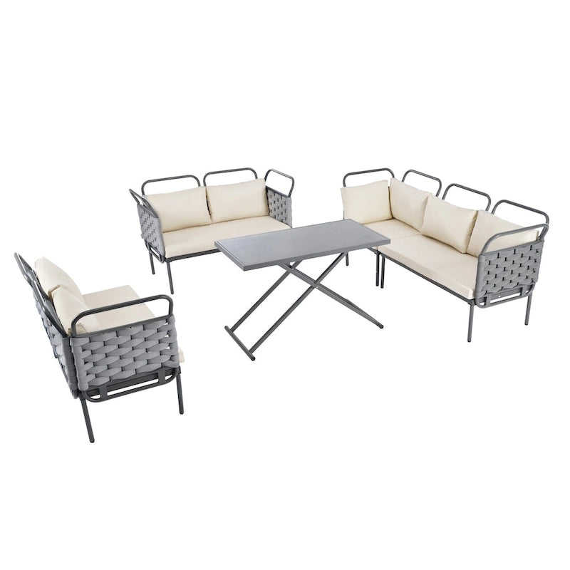 Ensemble de canapé d'angle moderne 5 pièces pour patio, mobilier d'extérieur en corde tressée avec table en verre et coussins