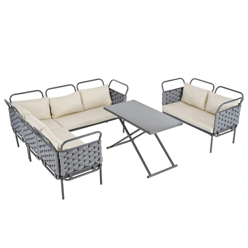 Ensemble de canapé d'angle moderne 5 pièces pour patio, mobilier d'extérieur en corde tressée avec table en verre et coussins