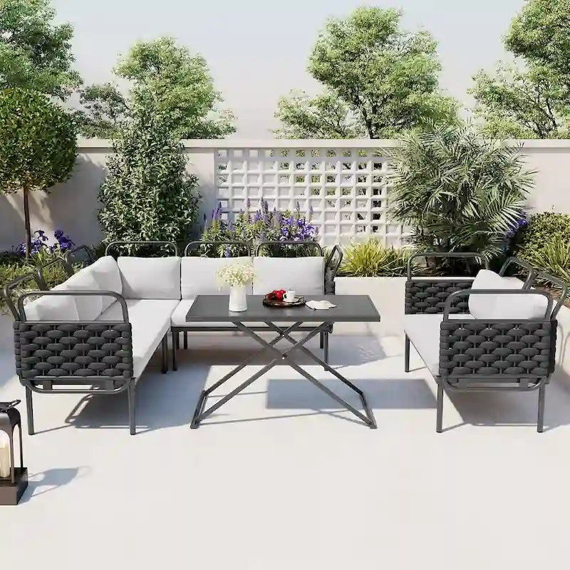 Ensemble de canapé d'angle moderne 5 pièces pour patio, mobilier d'extérieur en corde tressée avec table en verre et coussins