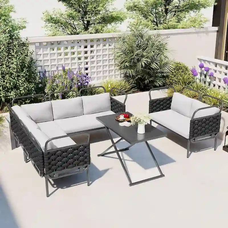 Ensemble de canapé d'angle moderne 5 pièces pour patio, mobilier d'extérieur en corde tressée avec table en verre et coussins