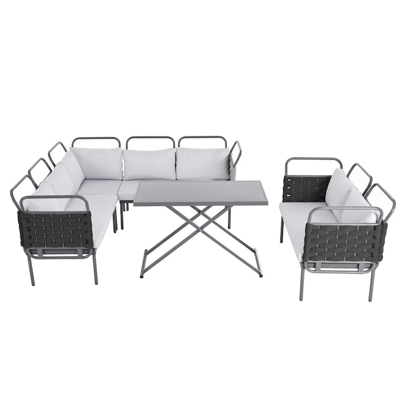 Ensemble de canapé d'angle moderne 5 pièces pour patio, mobilier d'extérieur en corde tressée avec table en verre et coussins