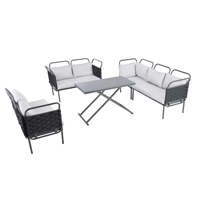 Ensemble de canapé d'angle moderne 5 pièces pour patio, mobilier d'extérieur en corde tressée avec table en verre et coussins