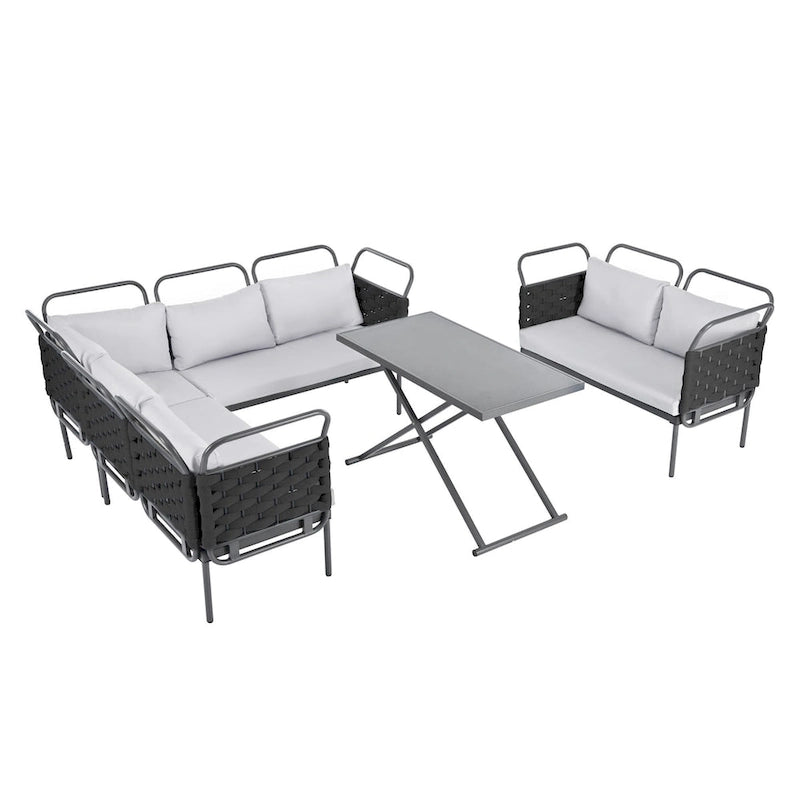 Ensemble de canapé d'angle moderne 5 pièces pour patio, mobilier d'extérieur en corde tressée avec table en verre et coussins