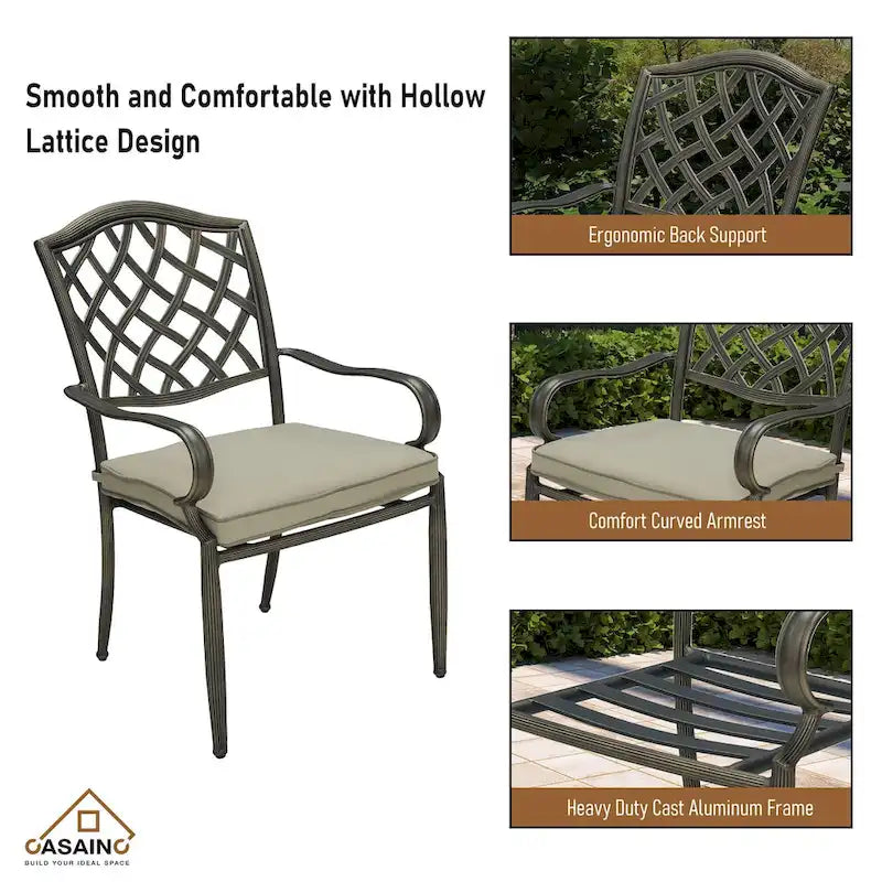 Ensemble de 4 chaises de jardin en fonte d'aluminium marron avec accoudoirs et coussins.