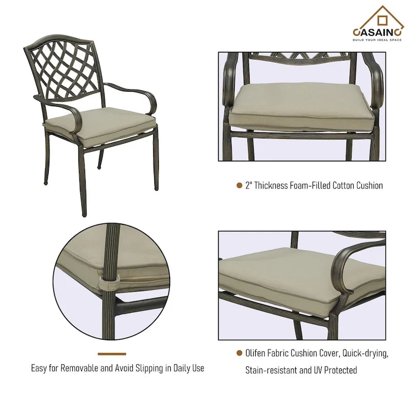 Ensemble de 4 chaises de jardin en fonte d'aluminium marron avec accoudoirs et coussins.