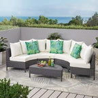 Ensemble de salon de jardin demi-cercle moderne : rotin gris, coussins blancs