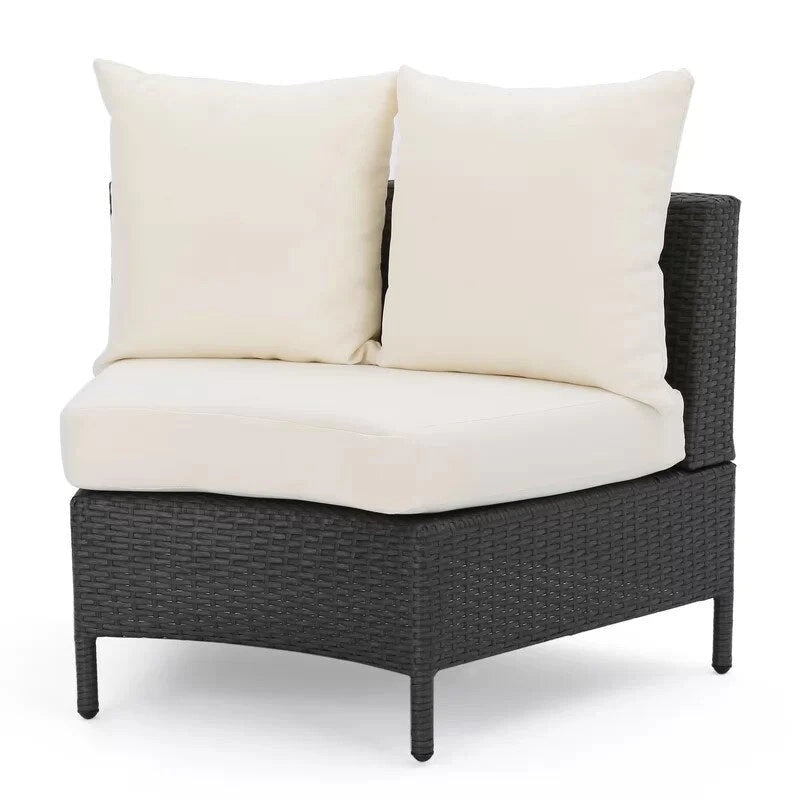 Ensemble de salon de jardin demi-cercle moderne : rotin gris, coussins blancs