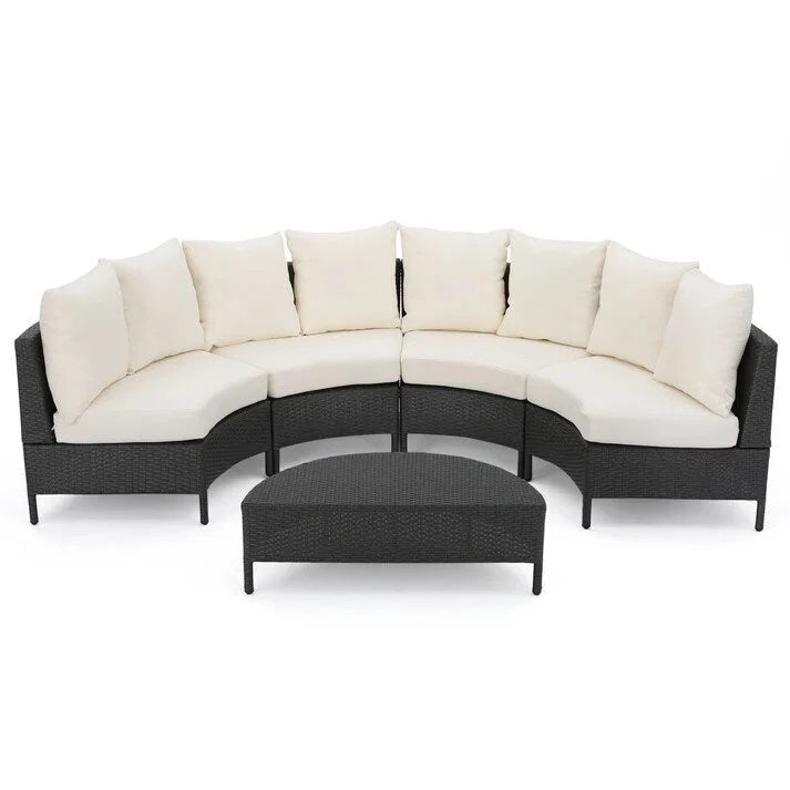 Ensemble de salon de jardin demi-cercle moderne : rotin gris, coussins blancs