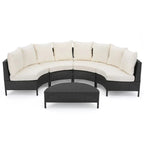 Ensemble de salon de jardin demi-cercle moderne : rotin gris, coussins blancs