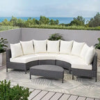 Ensemble de salon de jardin demi-cercle moderne : rotin gris, coussins blancs