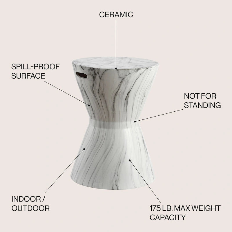 Tabouret de jardin en céramique finition marbre blanc African Drum 17.3 par