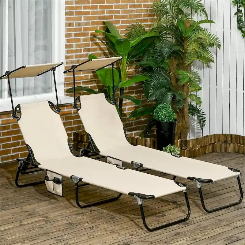 Chaise longue pliante en acier, composée de 2 pièces, avec auvent et poche.