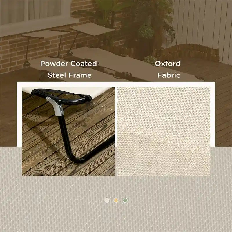 Chaise longue pliante en acier, composée de 2 pièces, avec auvent et poche.