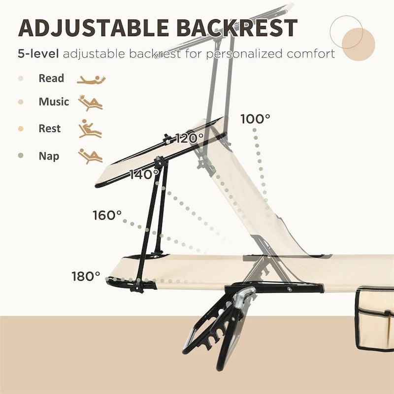 Chaise longue pliante en acier, composée de 2 pièces, avec auvent et poche.