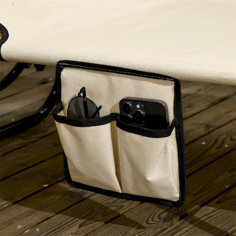 Chaise longue pliante en acier, composée de 2 pièces, avec auvent et poche.