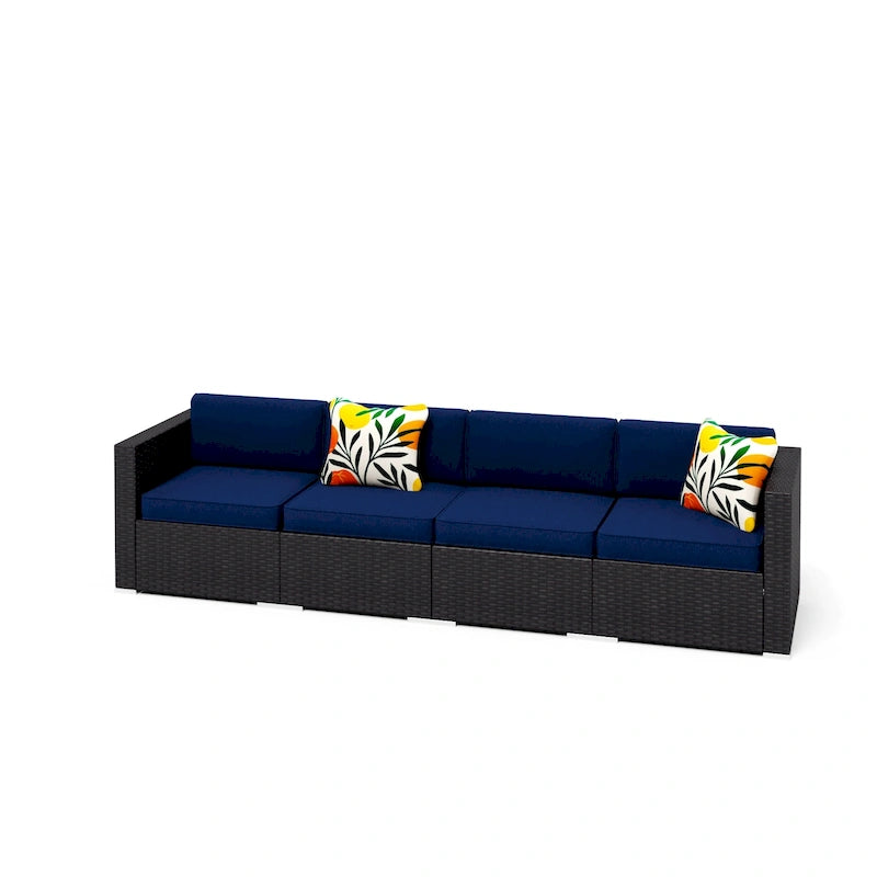 Ensemble de canapé d'angle 4 pièces pour patio, en rotin tressé résistant aux intempéries avec coussins bleu marine