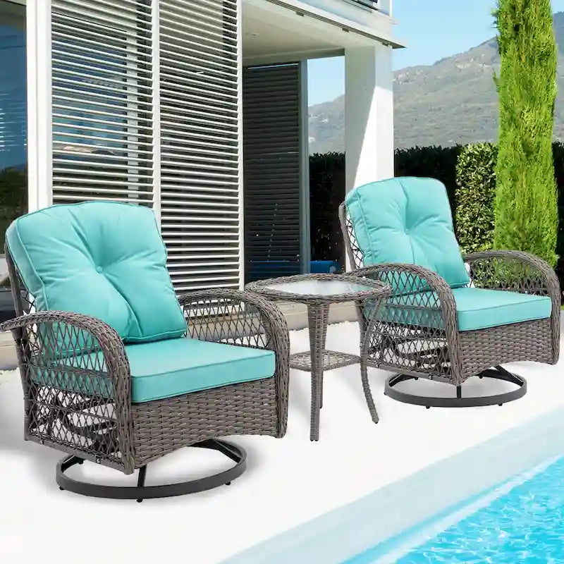 Ensemble de 3 fauteuils de jardin pivotants en rotin avec table basse en verre