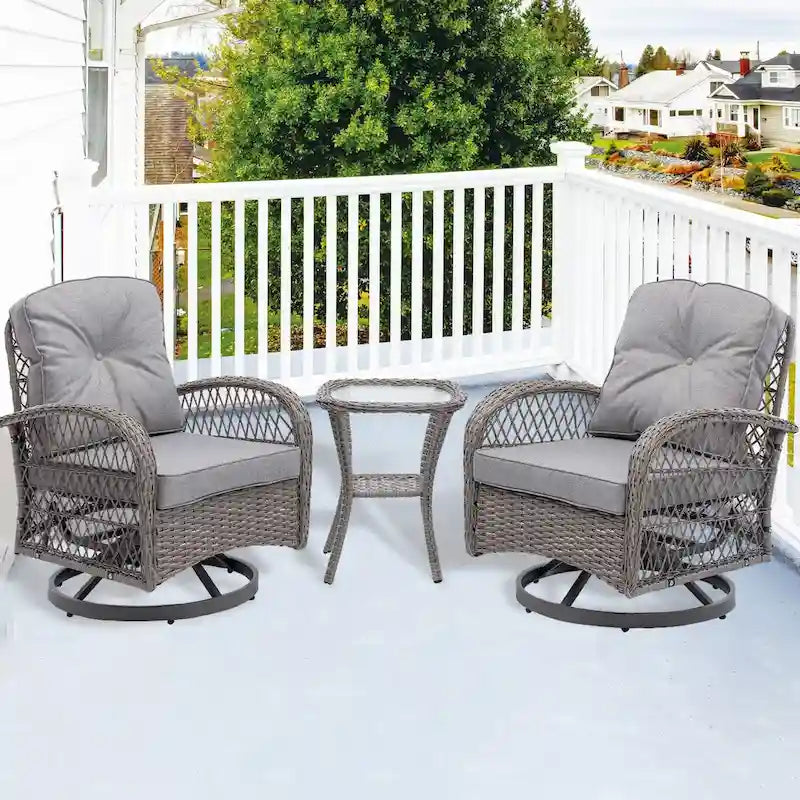 Ensemble de 3 fauteuils de jardin pivotants en rotin avec table basse en verre
