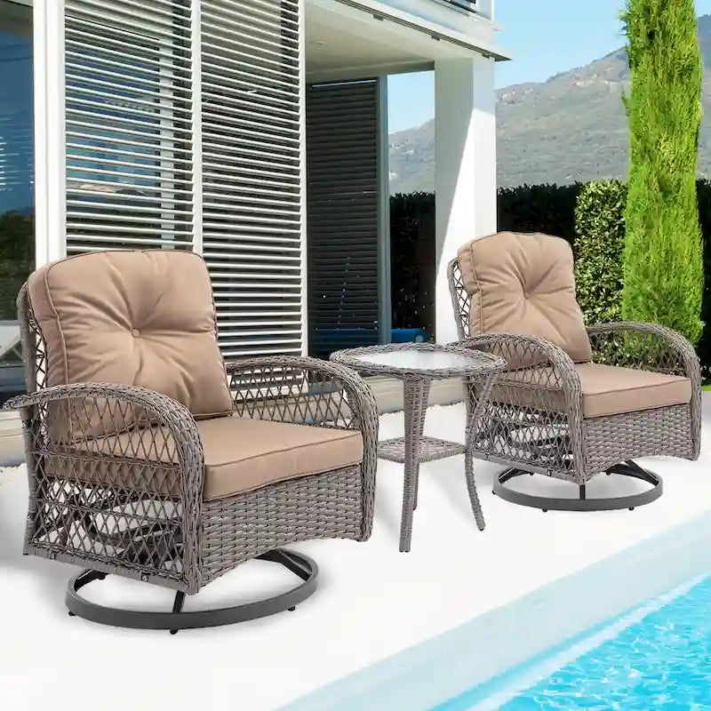Ensemble de 3 fauteuils de jardin pivotants en rotin avec table basse en verre
