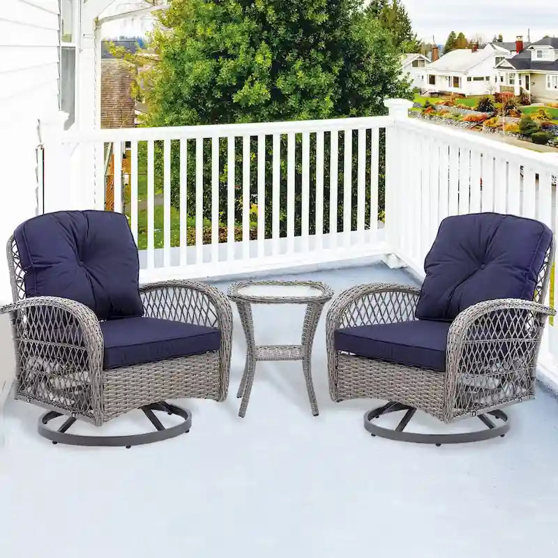 3 Pieces Rattan Outdoor Swivel Rocker Patio Chairs With Glass Coffee Table