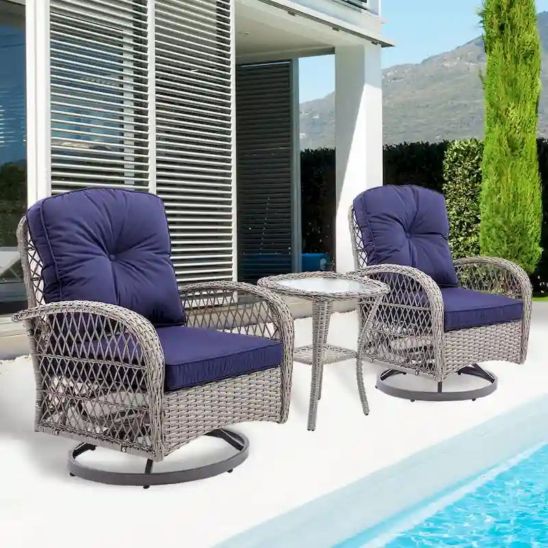 Ensemble de 3 fauteuils de jardin pivotants en rotin avec table basse en verre